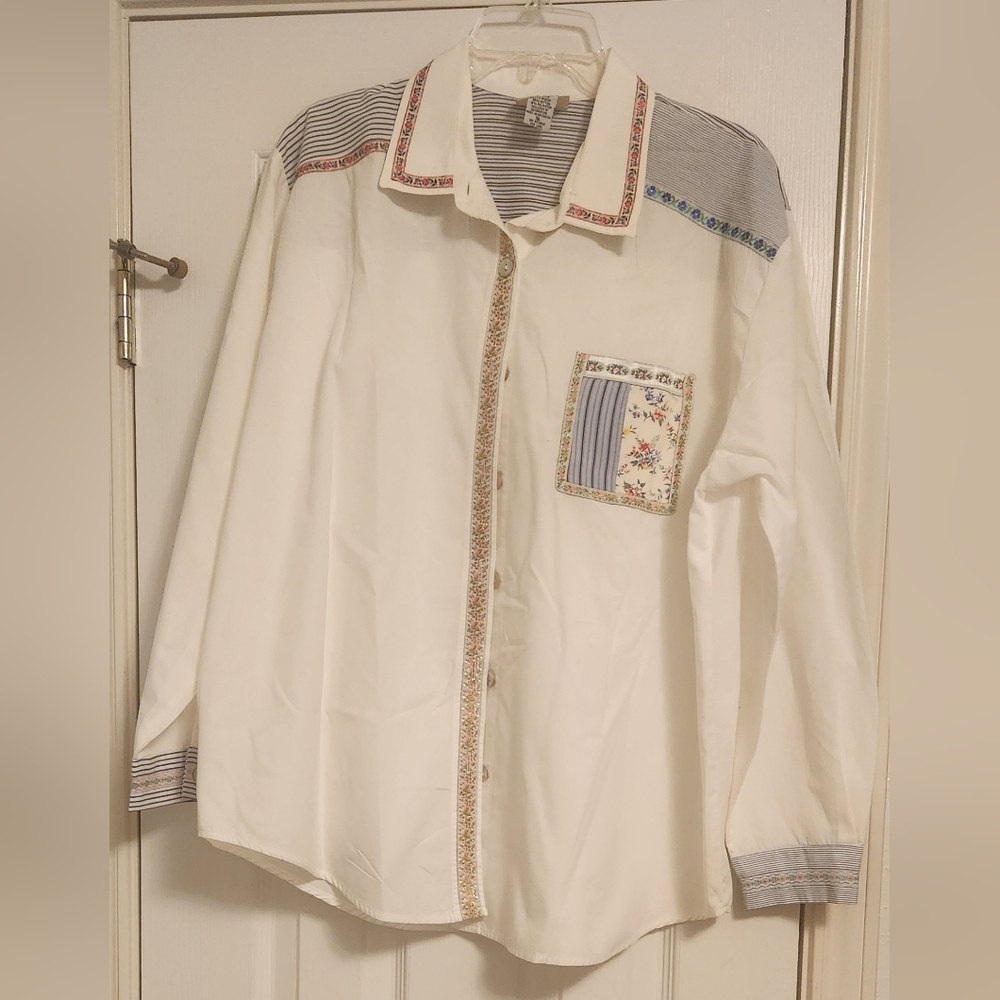 Teddi White and Blue Button Down Shirt with Multicolor Accents